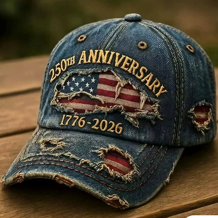 250th Anniversary of American Independence Commemorative Cowboy Ripped Baseball Cap, Patriotic Baseball Cap, Adjustable
