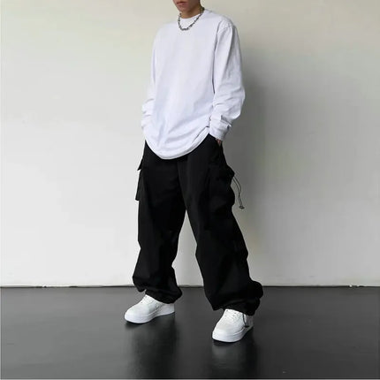 Men's Casual Cargo Pants Fashion Streetwear Classic Man Straight Wide-leg Pants Drawstring Workwear Trendy Loose Cargo Trousers