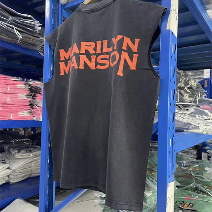 Summer Rock Manson Pattern Print Vintage American High Street Casual Loose Cotton Washed Tank Top Trendy Hip Hop Men Vest