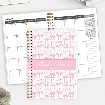 1PC 2026.7-2028.6 Monthly Planner, 24 Month Pink Bow Spiral Agenda Notebook, A5 Schedule Organizer with Notes Pages