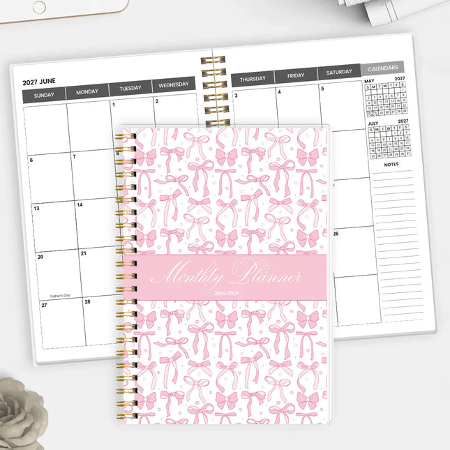 1PC 2026.7-2028.6 Monthly Planner, 24 Month Pink Bow Spiral Agenda Notebook, A5 Schedule Organizer with Notes Pages