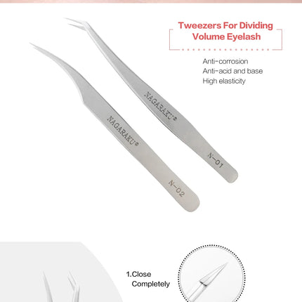 NAGARAKU 2pcs set for eyelash extension professional tweezers N-01 and N-02 for divide volume eyelash