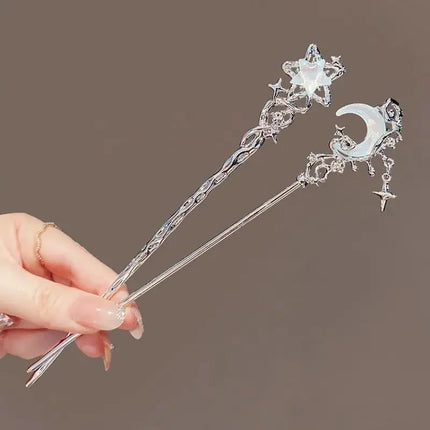 Luminous Flower Hairpin for Women, Creative Star and Moon Tassel Hair Stick, Retro Chinese Style Metal Hair Accessory