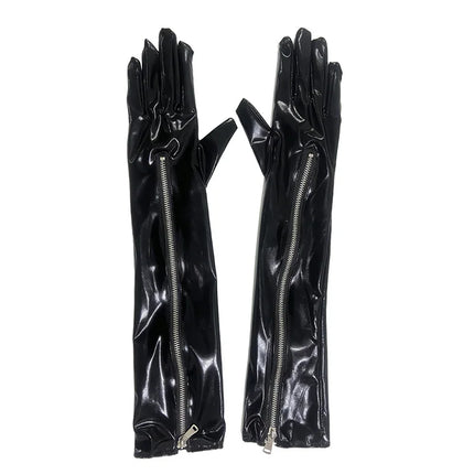 50cm Black Zipper Patent Leather Long Gloves Women Sexy Pole Dance Stage Performance Clubwear Party Halloween Cosplay Gloves