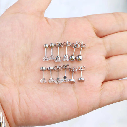 3-8mm Small Black Silver Color Earrings Stone CZ Crystal Ear Studs Surgical Steel Cubic Zirconia Helix Earring Women Accessories