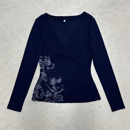 Pink Floral Print Women Fairy Y2K T-shirt Coquette V Neck Long Sleeve Tees Autumn Spring Casual Pullovers Tops Vintage Clothes