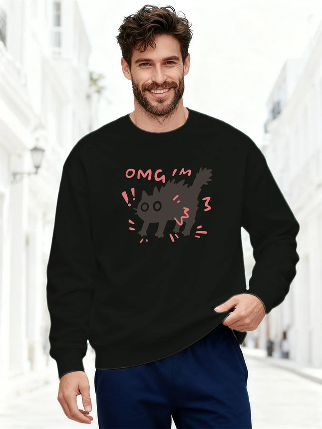 Men's Sweatshirt 2025 Trending Oversized Soft Comfortable Crewneck OMG I’M Text & Cartoon Black Cat Graphic Streetwear Top