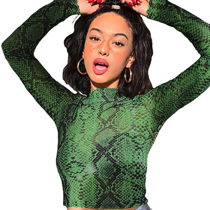 Casual Green Snake Print T Shirt Women Mesh Top Long Sleeve Transparent Snakeskin Female T-shirt High Neck Crop Tops