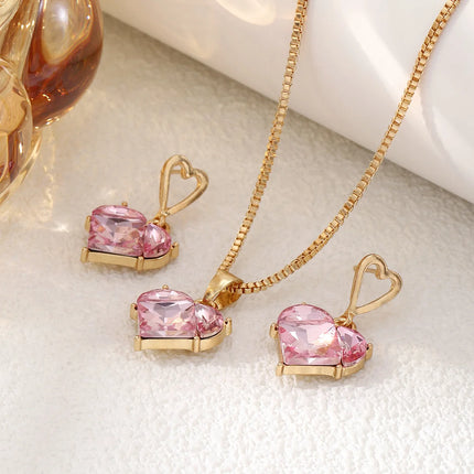 Y2K Heart Jewelry Set 3pcs Pink Crystal Zircon Pendant Earrings Necklace for Women Elegant Gift