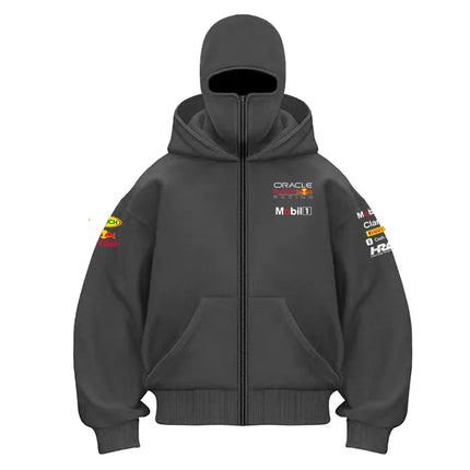 Red Bull Men's Zippered Hooded Sweatshirt Warmth and Casual Sports Wear with Zipper Face Mask Design Sports Jacket Racing Suit