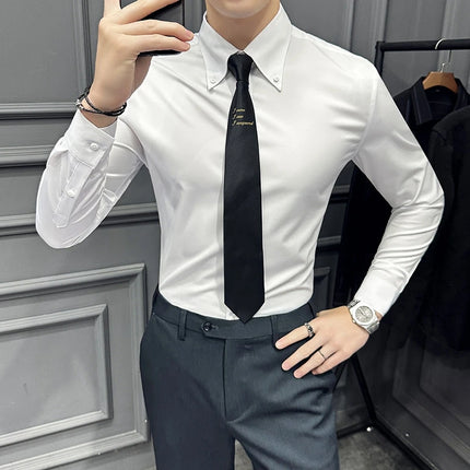 High Quality Lapel Collar Shirt for Men Solid Color Casual Business Dress Shirts Office Social Uniform Shirt Men Clothing 2024
