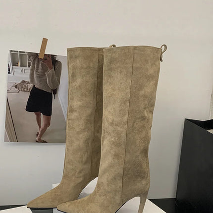 Liyke Autumn Winter Fashion Slim Knee High Boots Women Sexy Pointed Toe Low Thin Heel Shoes Female Long Booties Zapatos De Mujer