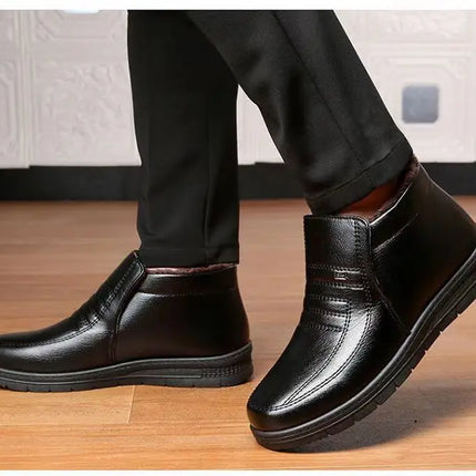 Men's Winter Thickened High-Top Cotton Shoes Warm Fleece Lined Leather Boots Anti-Slip Comfortable for Elderly And Dad