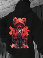 Men's Black OG Bear Graphic Hoodie with Red X Design and Drip Effect, Streetwear Pullover for Urban Fashion