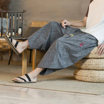 Japanese Kimono Traditional Shorts Men's Asian Clothin Pants Japanese Samurai Casual Loose Men's Yukata Linen Wide Leg Trousers