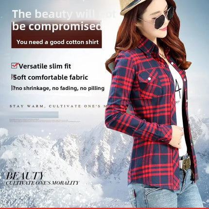 Slim Fit Plaid Long Sleeve Women's Shirt Qiang Yixuan Brand Autumn New Korean Version Cotton Button-Up Shirt