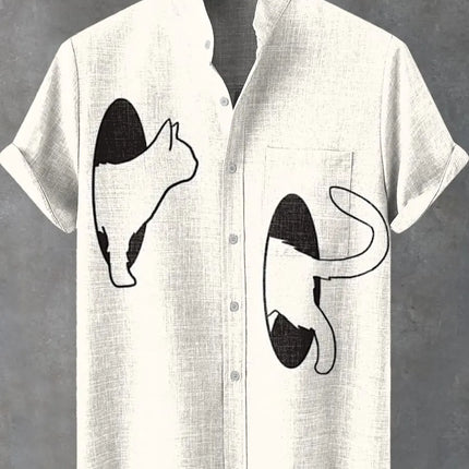 Men's summer fashion linen short sleeved shirt with cartoon cute cat print pattern casual men's top