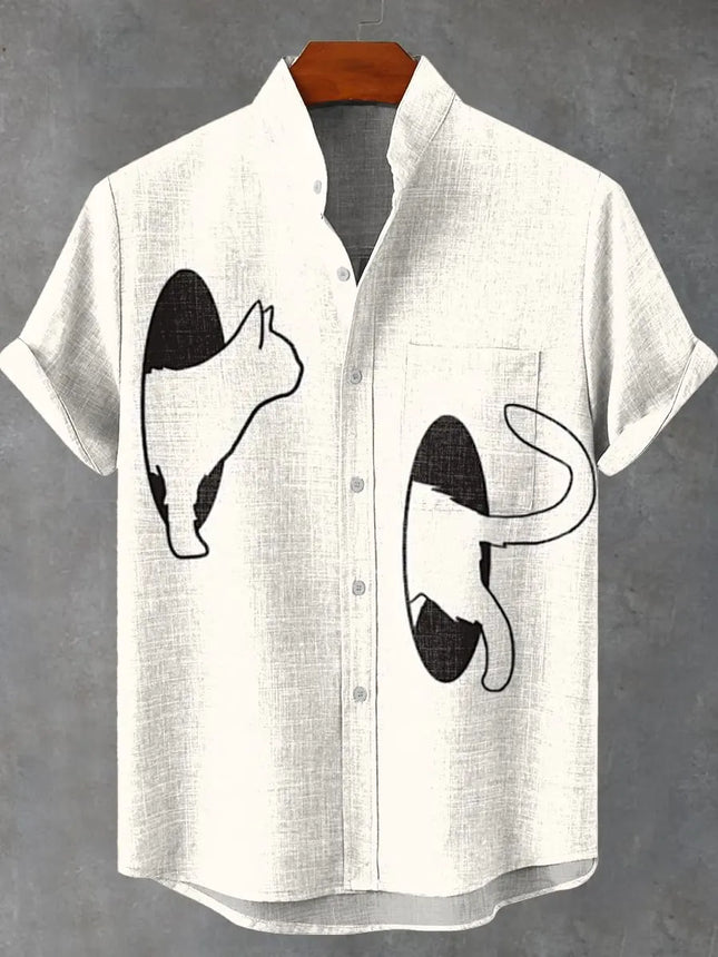 Men's summer fashion linen short sleeved shirt with cartoon cute cat print pattern casual men's top