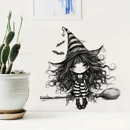 Whimsical Black Witch Self-Adhesive Wall Decal - Removable, Reusable PVC Sticker for Bathroom, Kitchen & Living Room Decor
