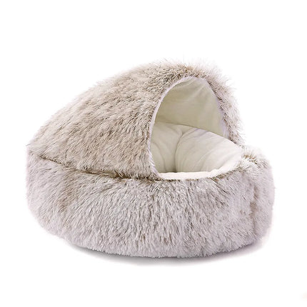 Semi-Enclosed Shell Pet Bed, Winter Warm Plush Cat Nest Soft Long Plush Cat Cushion Four Seasons Universal Kennel for Small Dogs