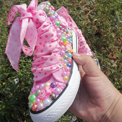 Handmade Rhinestones Bling Girls Women Kids And Mother Candy Canvas Shoes Pearls Sneakers For Girl Birthday Party Wedding