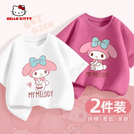 (2 Pieces Per Pack) Sanrio Summer Baby Girls 100% Cotton Clothes Kid Children Girl Hello Kitty Printed T-shirts Short Sleeve Top