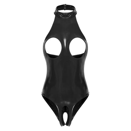 Womens Open Cups Skinny Jumpsuits Glossy Patent Leather Crotchless Bodysuit Mock Neck Sleeveless Latex Catsuit Erotic Clubwear