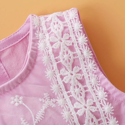 Summer Princess Style Baby Girl Romper Lace Trim No-Sleeve Embroidery Double Butterfly Knot Decor Crawling Clothes