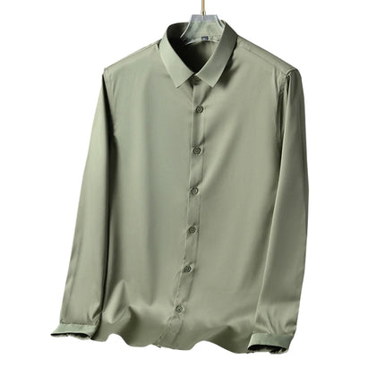 6XL Men Shirt Long Sleeve Slim Fit Luxury Smooth Soft Anti-wrinkle Non-ironing Solid Color Ice Silk Shirts Men Long Sleeve