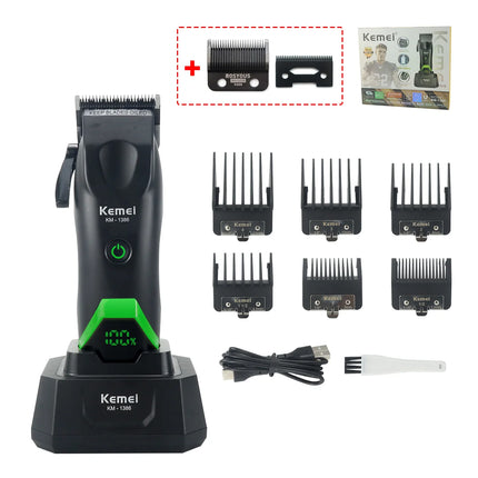 Kemei 1386 Men's Hair Clipper 8000RPM DLC Blade with Base Charger LED Display 2000mAh Professional Hair Cutting Machine Trimmer