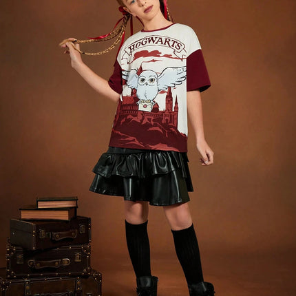 HARRY POTTER Tween Girl Owl Castle Pattern Print Loose Fit Short Sleeve T-shirts Children's Summer Casual Sports Round Neck Tops