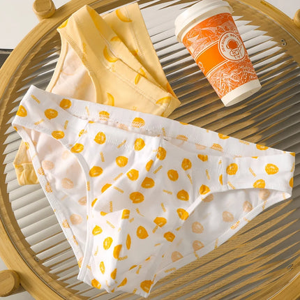 Three-Pack of Men's Cute and Unique Fruit Print Cotton Comfortable and Skin-Friendly Briefs for Young Men, Breathable Low-Rise Home Casual Underwear