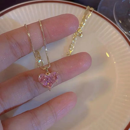 Y2K Heart Jewelry Set 3pcs Pink Crystal Zircon Pendant Earrings Necklace for Women Elegant Gift