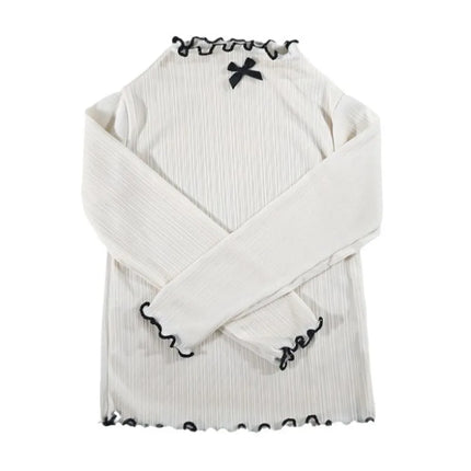 6M-8Y Girls' Long Sleeved T-shirt Children's Ruffled Edge Bow Knitted Tops 2025 Autumn New Versatile Base Shirt for Baby Girls