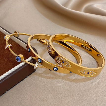 New Turkish Evil Eyes Rhinestones Stainless Steel Cuff Bracelet Bangle For Women Fashion Gold-plated Waterproof Charms Jewelry