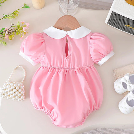 2025 Summer New Bow Solid Color Short-Sleeved Cute and Sweet Jumpsuit