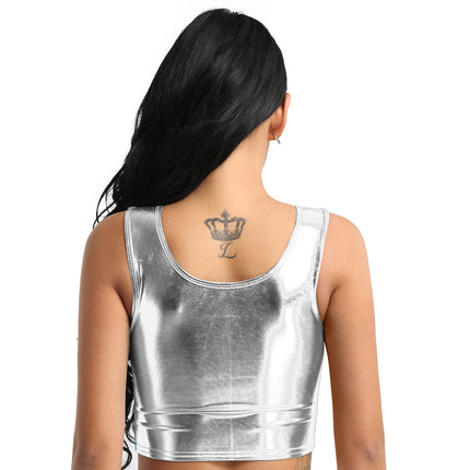 Womens Fashion Shiny Metallic Tank Crop Top Shiny Metallic Vest Tops Bustier Blouse Shirt Camis Rave Party Clubwear Costume