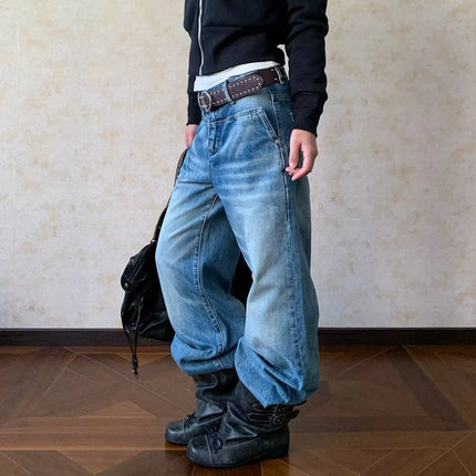 Men's Retro Blue Unisex Jeans Wide Legs Pants Street Sweatpants Young Boys Bottom Male High Waist Y2k Straight Denim Trousers