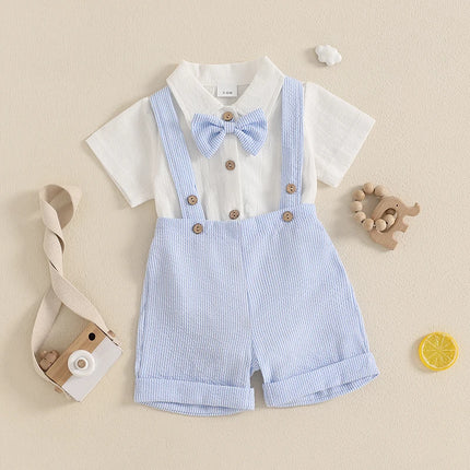 Pudcoco Baby Boy Gentleman Outfit Solid Color Short Sleeve Lapel Neck Romper with Stripe Suspender Shorts and Bowtie 0-18M