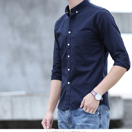 Classic fit cotton Full Casual shirts for men solid color long-sleeve plain shirt single pocket top soft slim fit formal clothes
