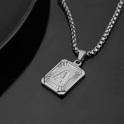 Men's 18K Gold Square Double-Sided 26 English Letter Pendant Titanium Steel Jewelry Necklace