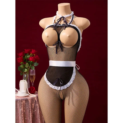 Desires Sex Play Crotchless Costume Adult Cosplay Porno Maid Tights Sheer Lingerie Bodysuit Open Breasts Sexy Uniform Seduction