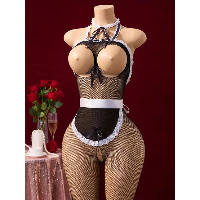 Desires Sex Play Crotchless Costume Adult Cosplay Porno Maid Tights Sheer Lingerie Bodysuit Open Breasts Sexy Uniform Seduction