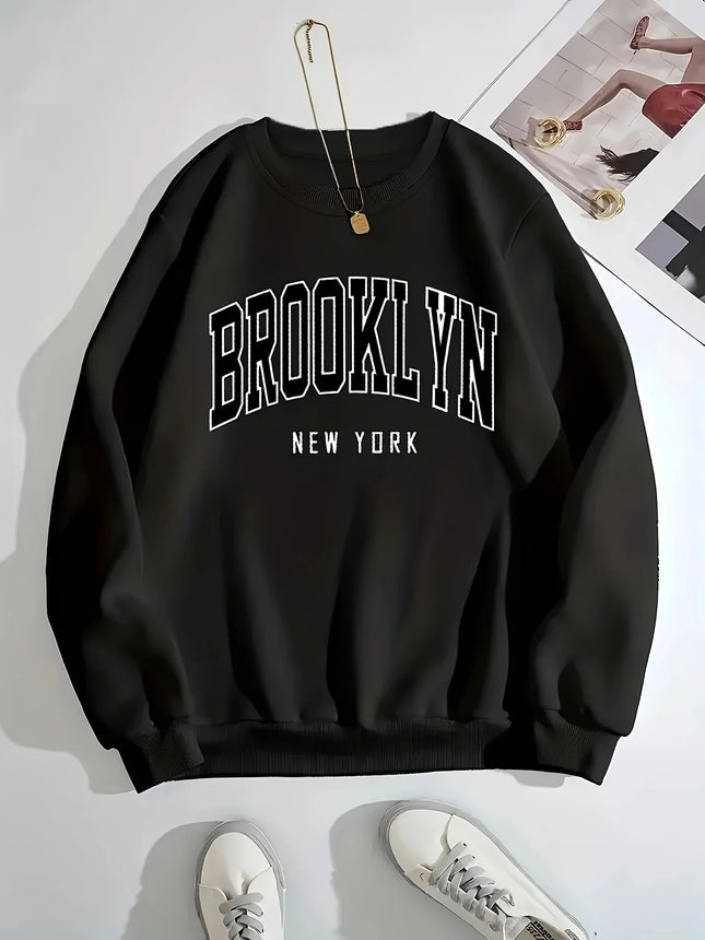2025 Women's Casual BROOKLYN Print Pullover Sweatshirt Long Sleeve Round Neck Regular Fit for Autumn Winter Women Clothing