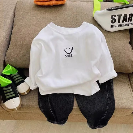 1-7T Kids Boys Spring Basic T-shirt Children Autumn Long Sleeved White Pullover Baby Girls Pure Cotton Loose T-shirt Top Clothes