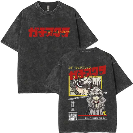 Washed Vintage Anime Gachiakuta Rudo Enjin Zanka Riyo Face Graphic T-shirt Men Women Casual Cartoon Manga Short Sleeve T-shirts