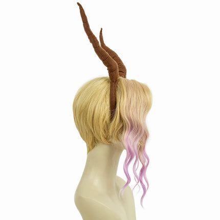 REEWES-Gazelle Goat Costume Wig,Brown Headband Accessories, Short Blonde Purple Wavy Synthetic Wigs,  Anime Cosplay, Drama Party