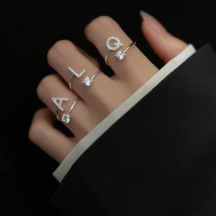 LATS Zircon Initial A-Z Letter Rings for Women Girl Adjustable Opening Ring Name Alphabet Female Wedding Fashion Jewelry Gift