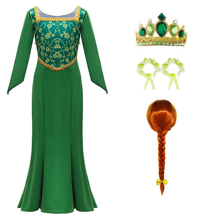 Kids Fiona Green Princess Dress Girls Halloween Carnival Cosplay Long Sleeved Outfits Children Charm Birthday Party Clothing