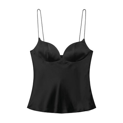 Autumn Satin Textured Black Sling Tops Women Elegant V-neck Backless Tops Shirt Women Sexy Tops Club Party Tanks 2025 New